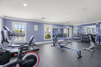 a gym with cardio equipment and weights in a building with blue walls